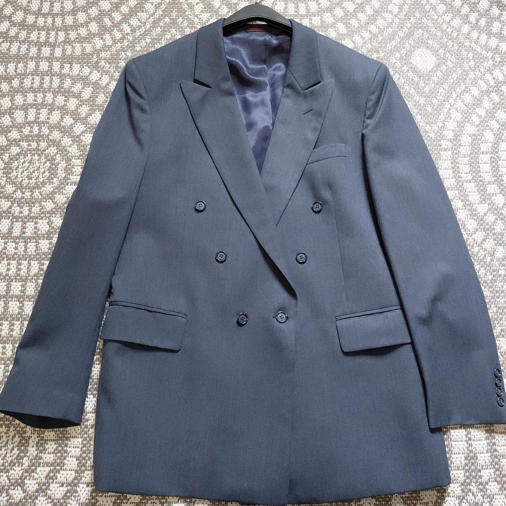 A. Sheilds Blazer Jacket Mens 44L Blue Wool Double Breasted Peak Lapel Classic - Picture 4 of 12